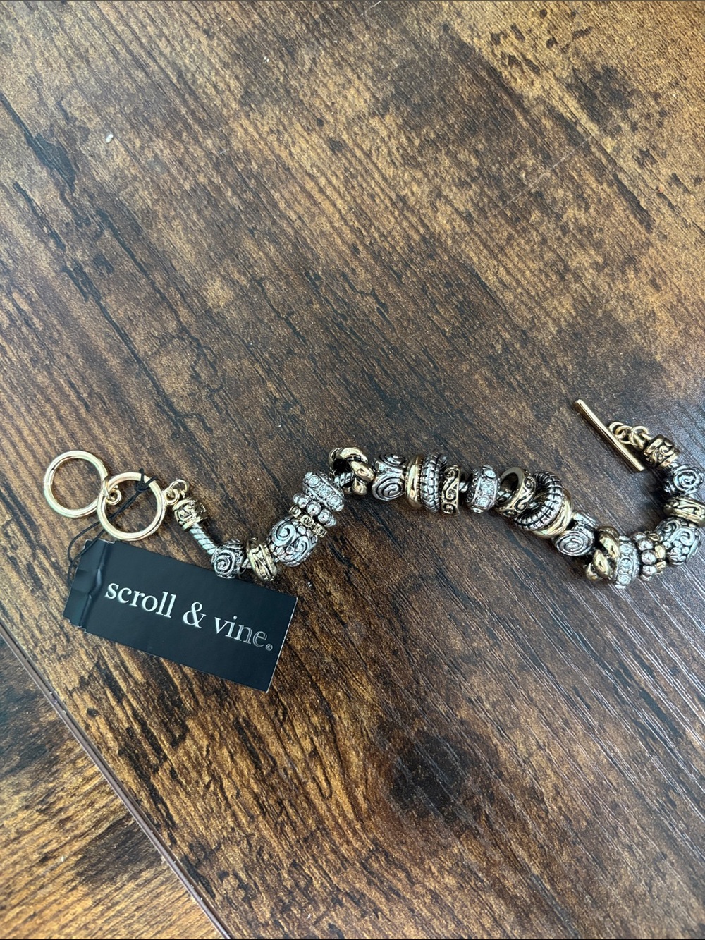 Scroll & Vine Two-Tone Gold and Silver Beaded Toggle Bracelet